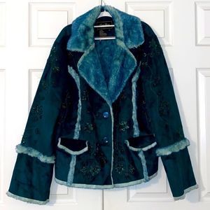 Vintage SEQUIN Terry Lewis Vegan Faux Fur Jacket Turquoise Teal Green Blue 2XL
